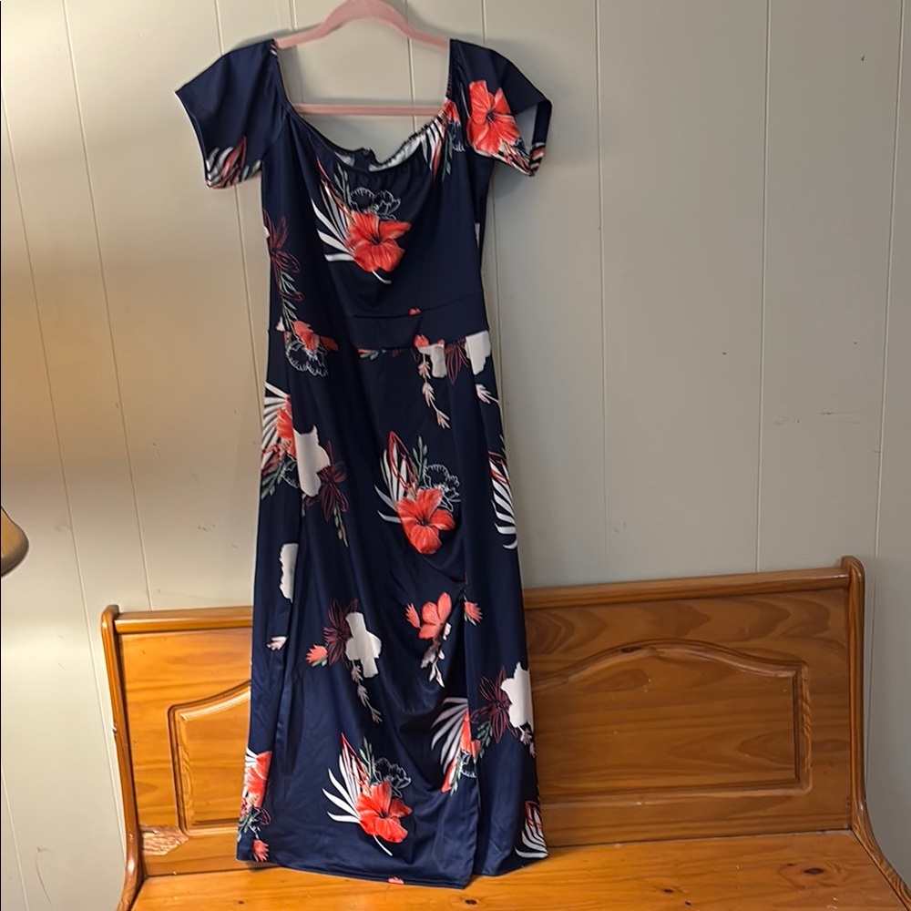 Blue with floral print Maxi Sundress with Flutter Cap Sleeves